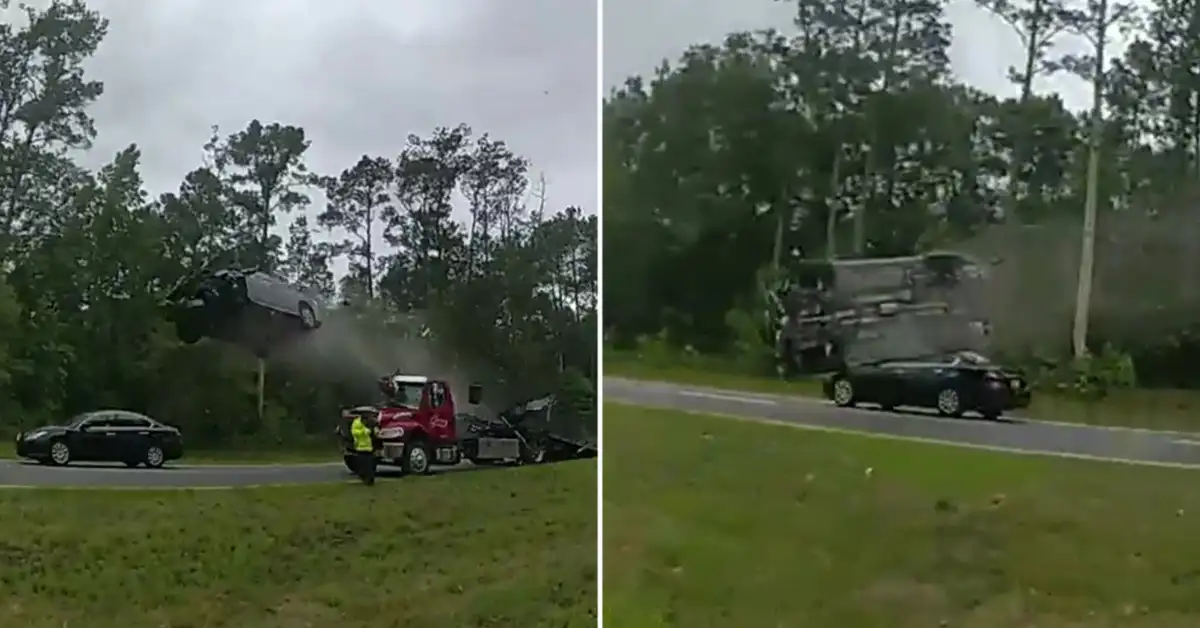 Car Goes Airborne After Driving Up Tow Truck Ramp